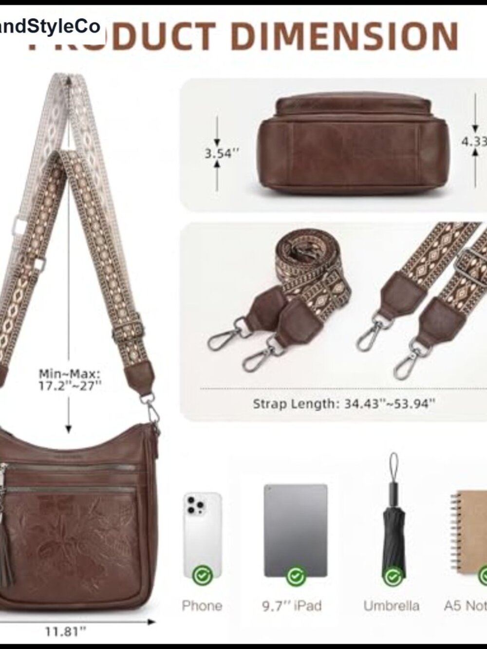 Faux Leather Medium Crossbody Hobo Bag Butterfly Embossed Tassel Wide Strap - Picture 2 of 6